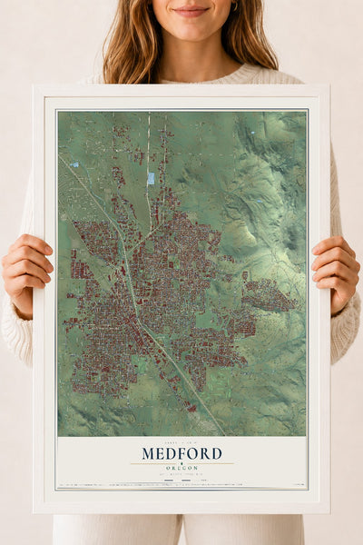 Map of Medford, Oregon, 18 x 24 inch print in a white wood frame