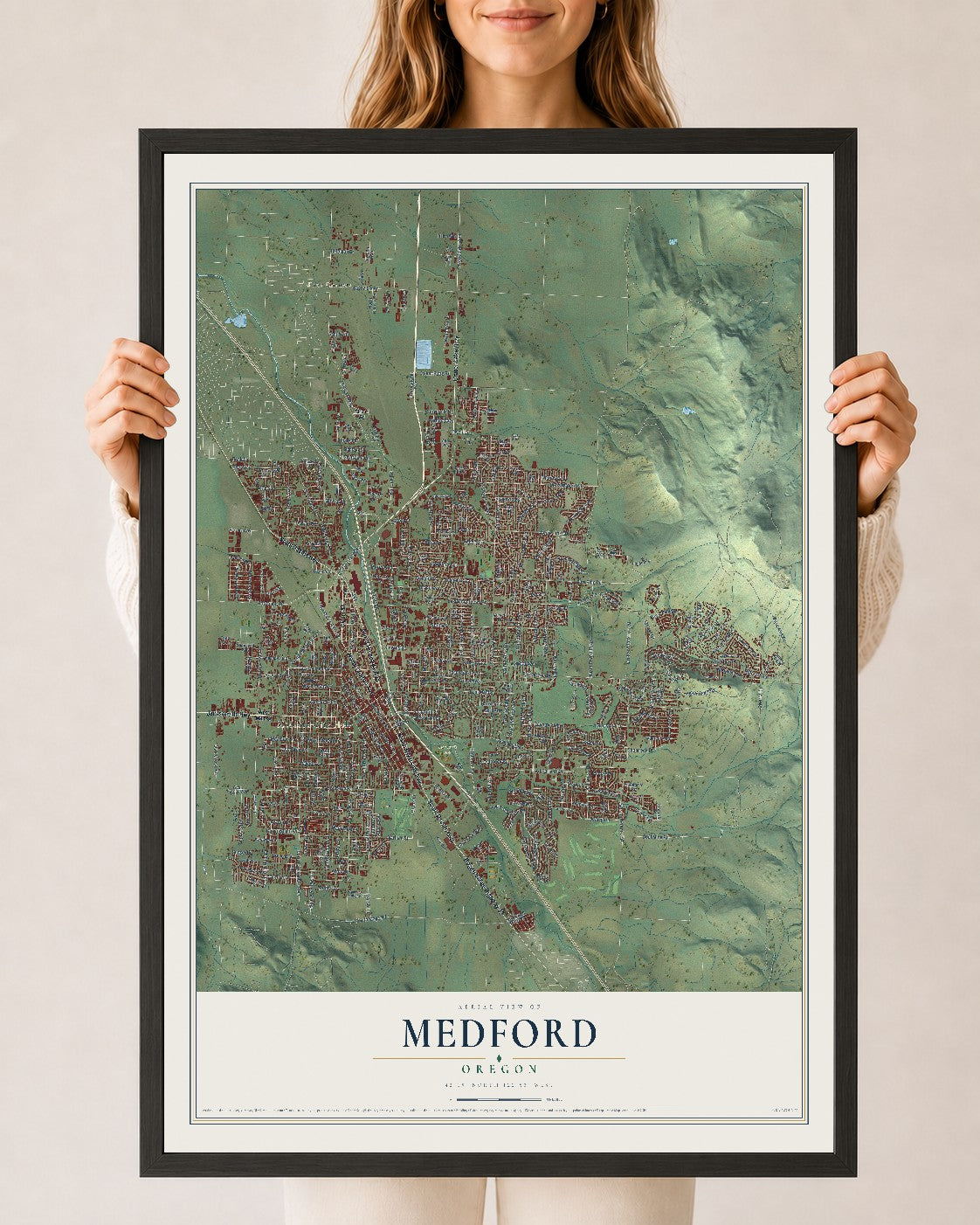 Map of Medford, Oregon, 24 x 36 inch print in a black wood frame