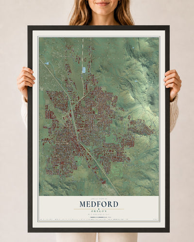 Map of Medford, Oregon, 24 x 36 inch print in a black wood frame