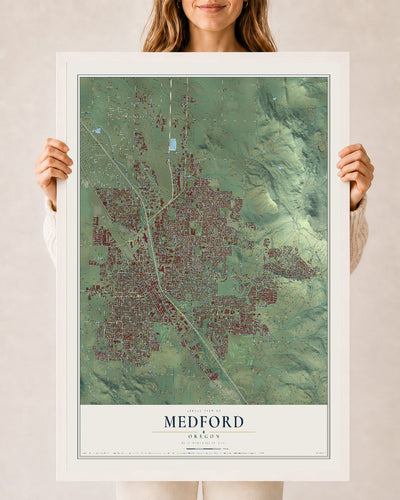 Map of Medford, Oregon, 24 x 36 inch print in a white wood frame
