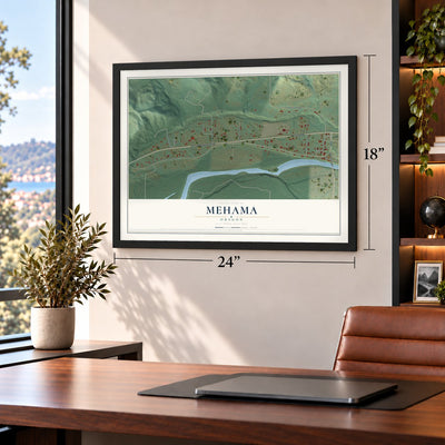 Mehama, Oregon map, 18 x 24 inch print in a black frame in a home office