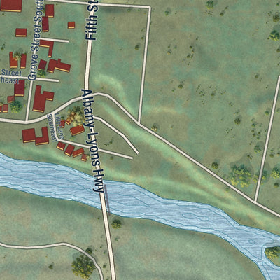 Close-up of the map of Mehama, Oregon print showing street and building detail