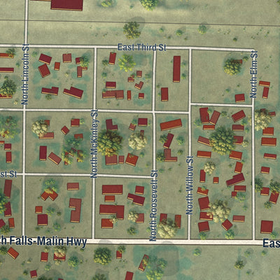Close-up of the map of Merrill, Oregon print showing street and building detail