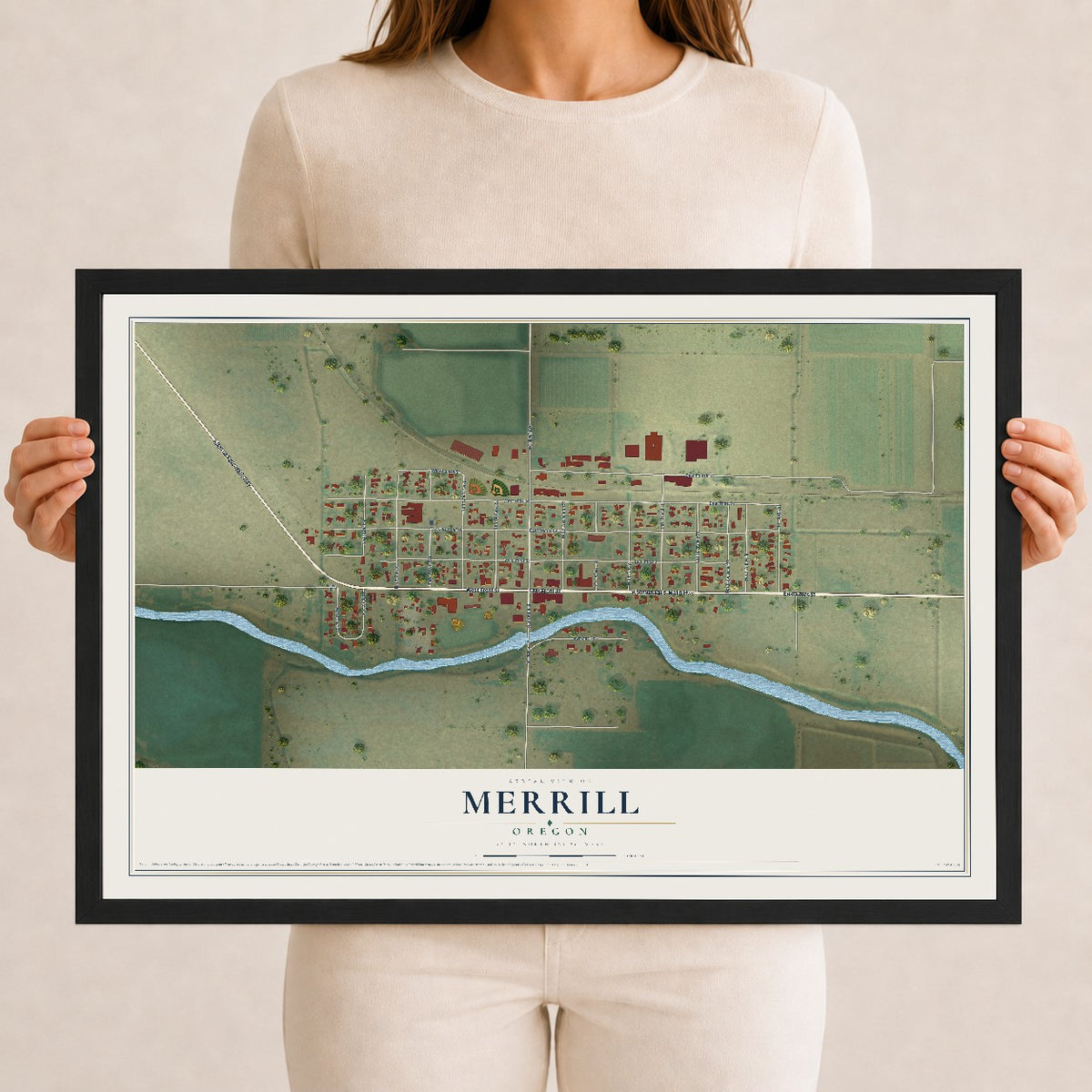 Map of Merrill, Oregon, 12 x 18 inch print in a black wood frame