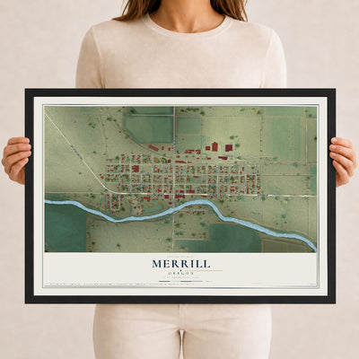 Map of Merrill, Oregon, 12 x 18 inch print in a black wood frame