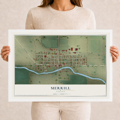 Map of Merrill, Oregon, 12 x 18 inch print in a white wood frame