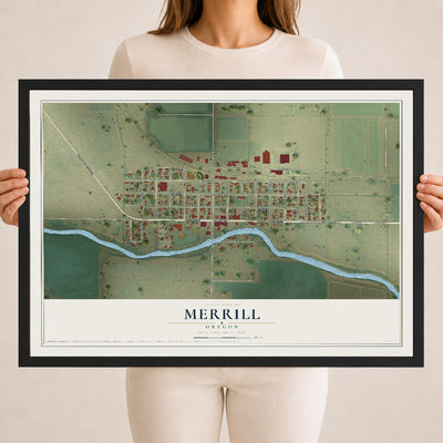 Map of Merrill, Oregon, 18 x 24 inch print in a black wood frame