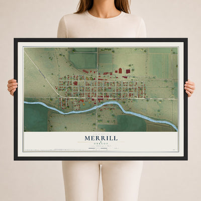 Map of Merrill, Oregon, 24 x 36 inch print in a black wood frame