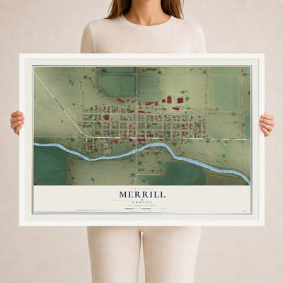 Map of Merrill, Oregon, 24 x 36 inch print in a white wood frame