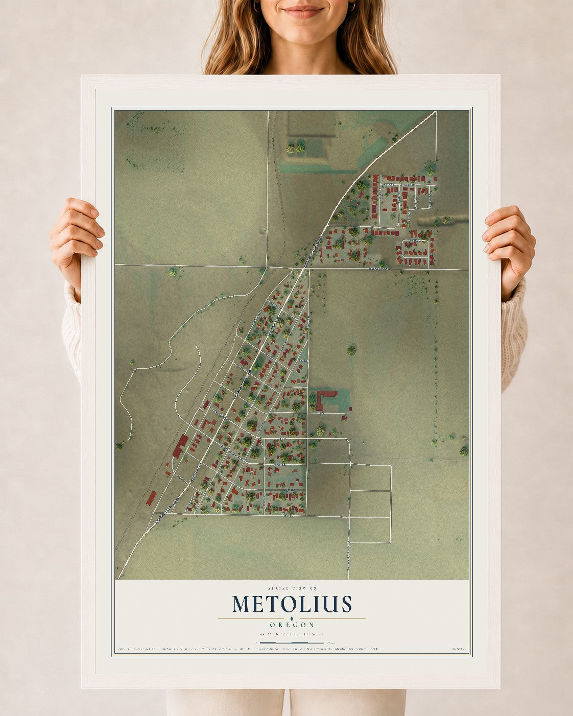 Map of Metolius, Oregon, 24 x 36 inch print in a white wood frame