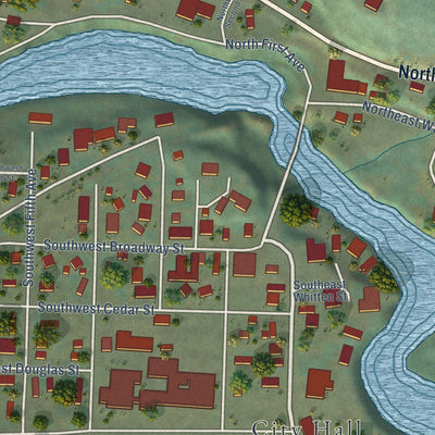 Close-up of the map of Mill City, Oregon print showing street and building detail