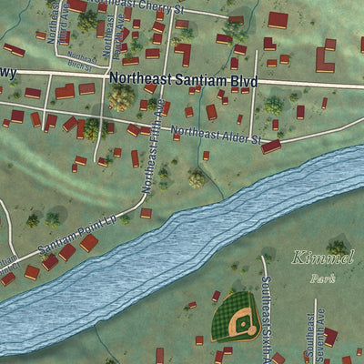 Second close-up of the map of Mill City, Oregon print showing more streets and buildings