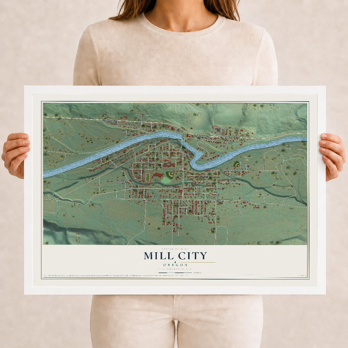 Map of Mill City, Oregon, 12 x 18 inch print in a white wood frame