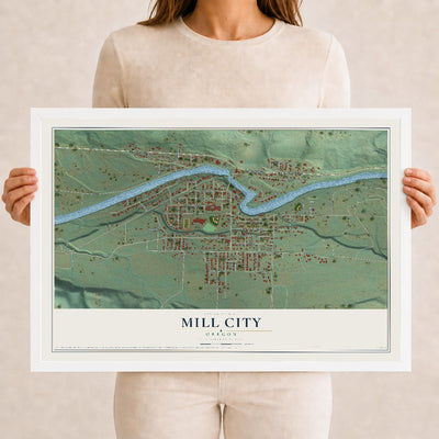 Map of Mill City, Oregon, 12 x 18 inch print in a white wood frame