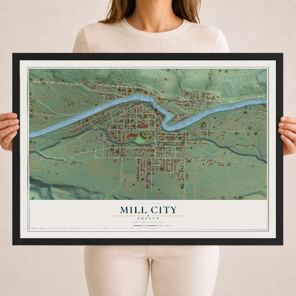 Map of Mill City, Oregon, 18 x 24 inch print in a black wood frame