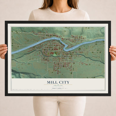 Map of Mill City, Oregon, 18 x 24 inch print in a black wood frame