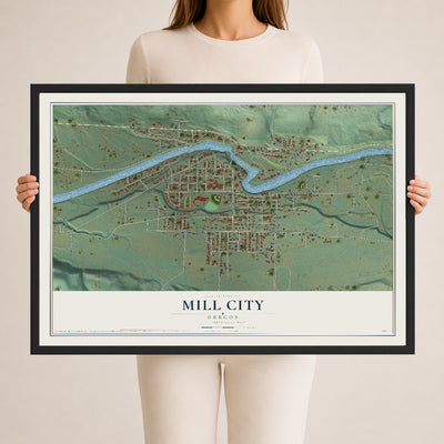 Map of Mill City, Oregon, 24 x 36 inch print in a black wood frame