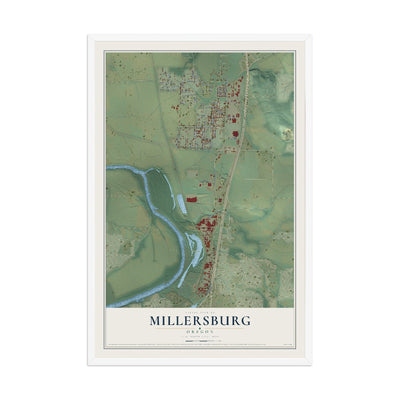 Map of Millersburg, Oregon, 12 x 18 inch print in a white wood frame
