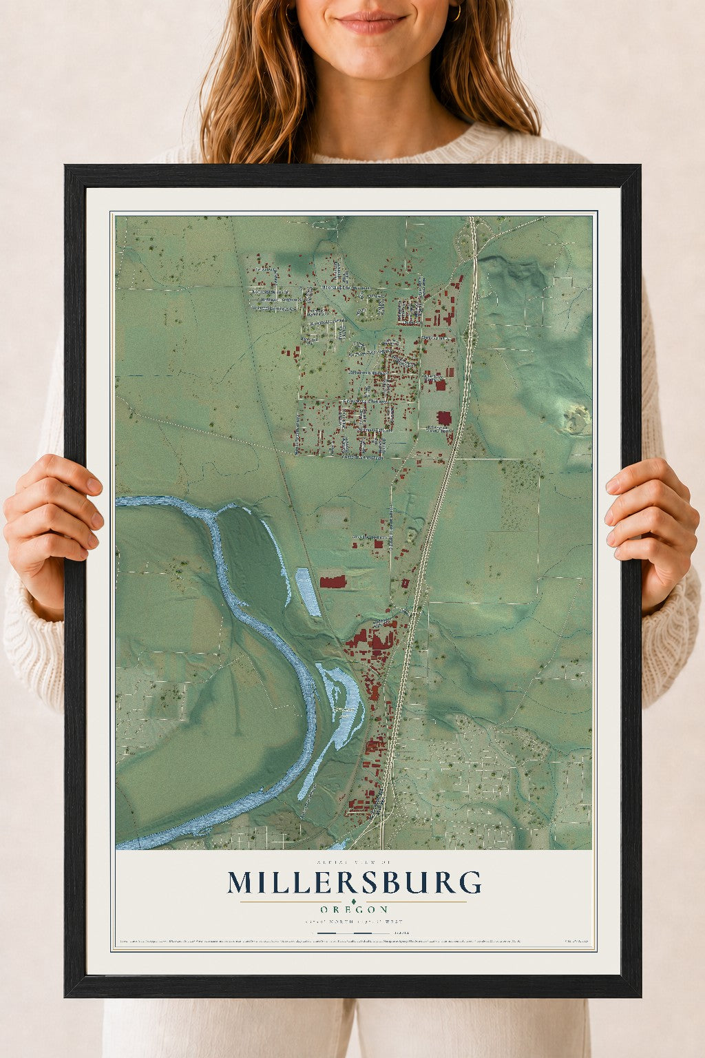 Map of Millersburg, Oregon, 18 x 24 inch print in a black wood frame