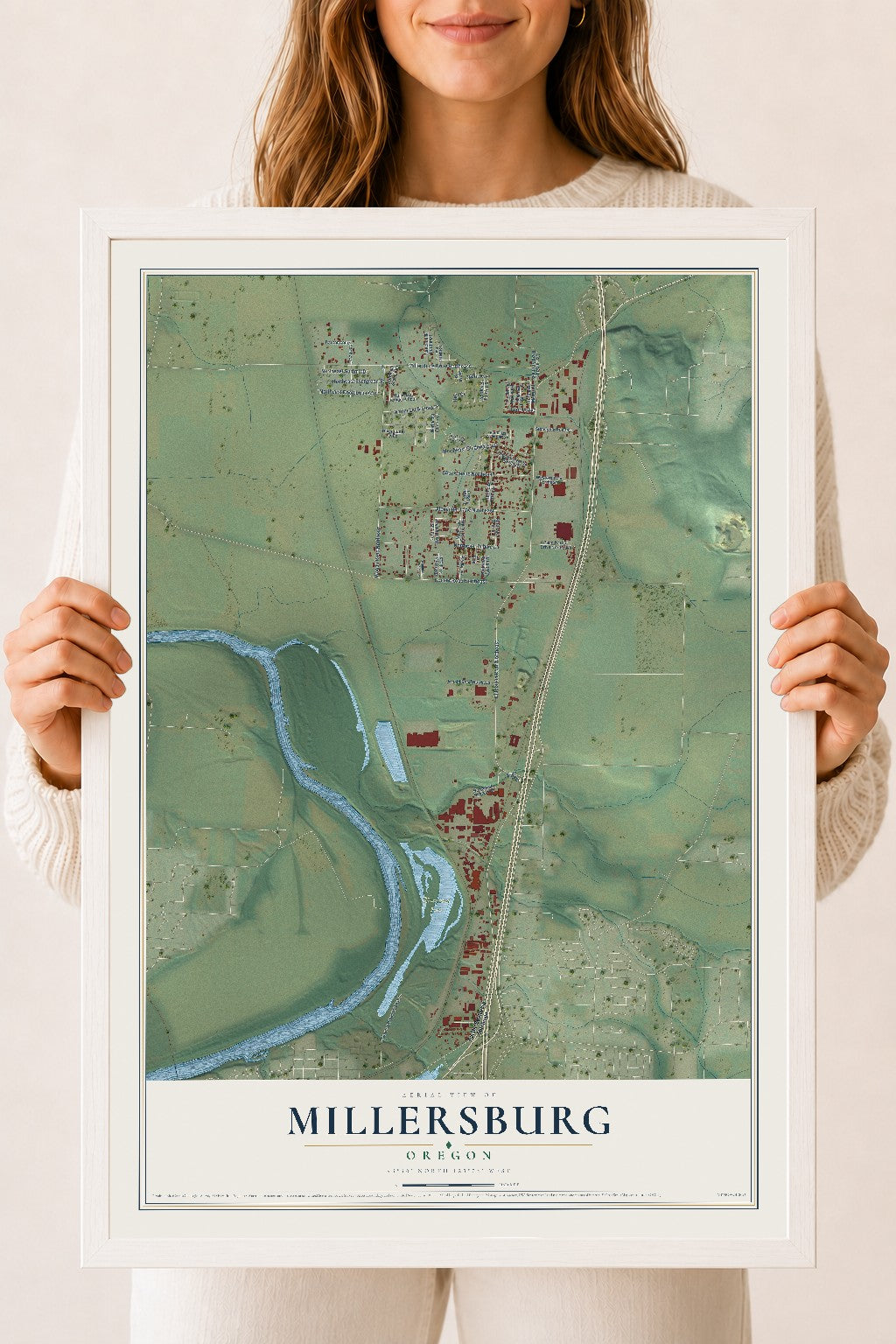 Map of Millersburg, Oregon, 18 x 24 inch print in a white wood frame