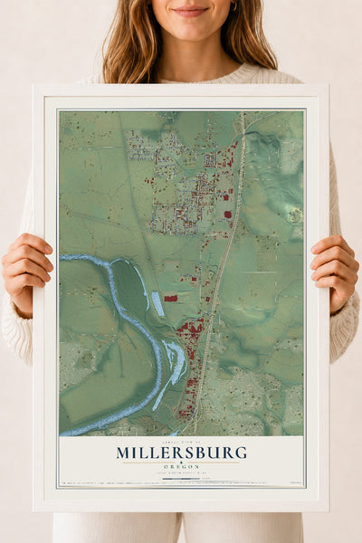 Map of Millersburg, Oregon, 18 x 24 inch print in a white wood frame
