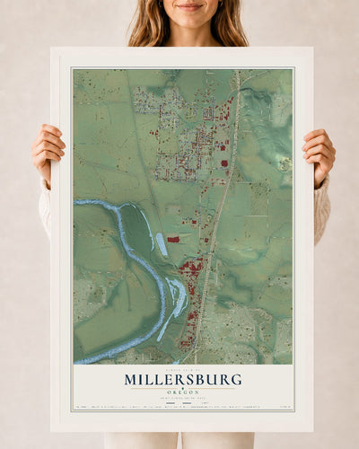 Map of Millersburg, Oregon, 24 x 36 inch print in a white wood frame