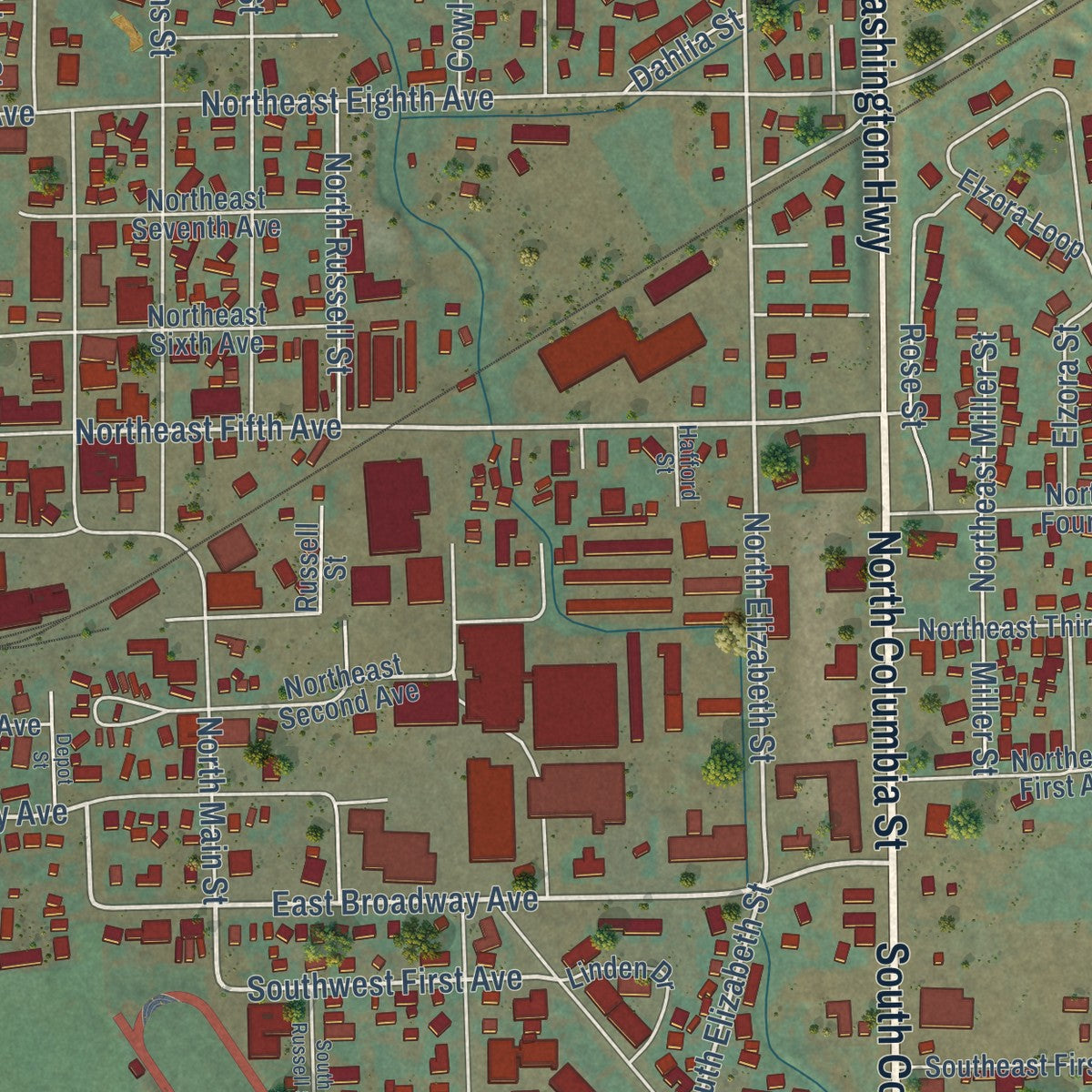 Close-up of the map of Milton-Freewater, Oregon print showing street and building detail