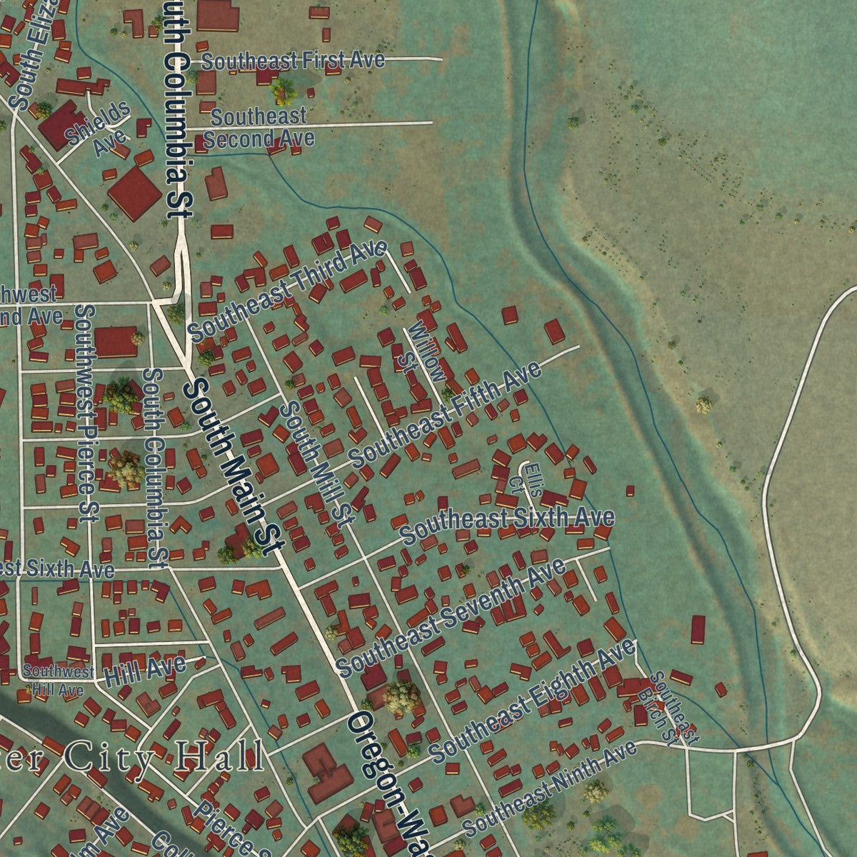 Second close-up of the map of Milton-Freewater, Oregon print showing more streets and buildings