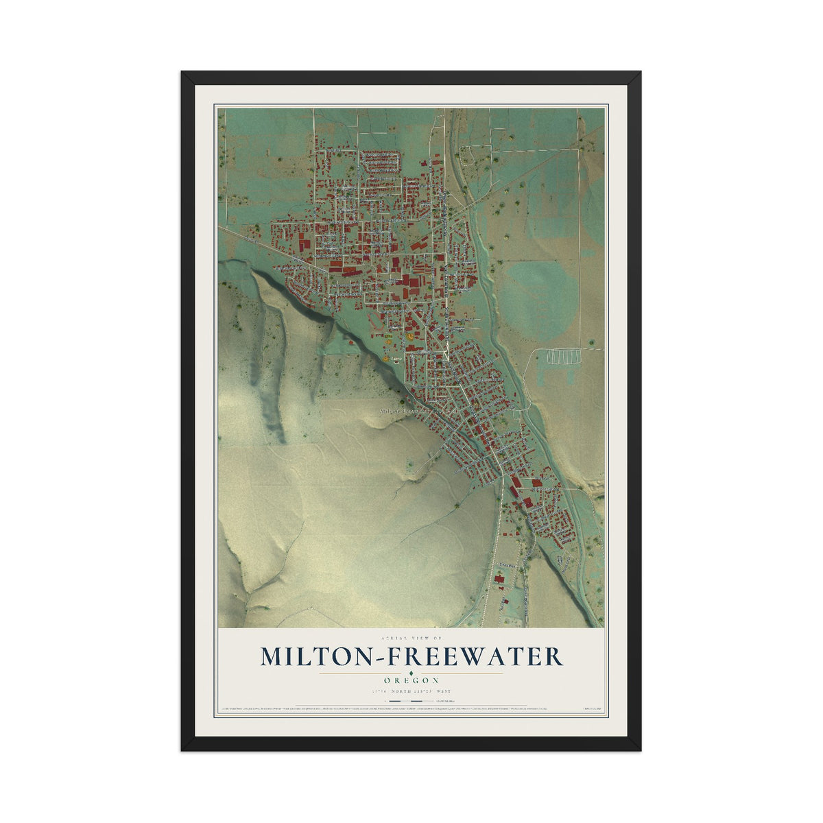 Map of Milton-Freewater, Oregon, 12 x 18 inch print in a black wood frame
