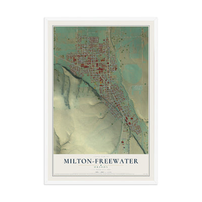 Map of Milton-Freewater, Oregon, 12 x 18 inch print in a white wood frame