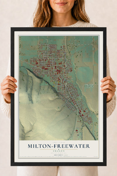 Map of Milton-Freewater, Oregon, 18 x 24 inch print in a black wood frame