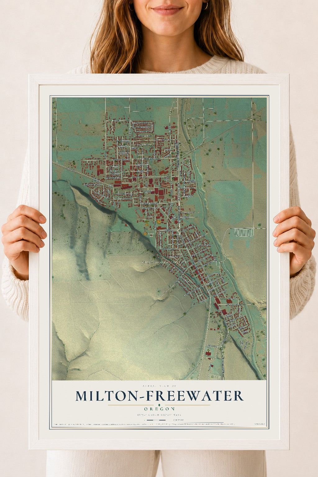 Map of Milton-Freewater, Oregon, 18 x 24 inch print in a white wood frame