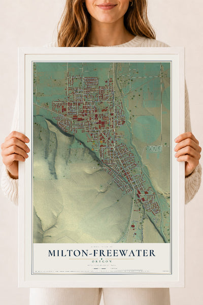 Map of Milton-Freewater, Oregon, 18 x 24 inch print in a white wood frame