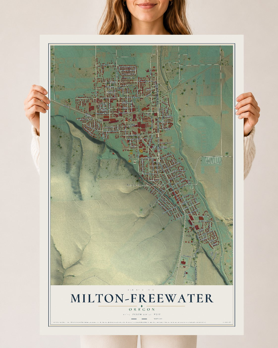 Map of Milton-Freewater, Oregon, 24 x 36 inch unframed archival matte print
