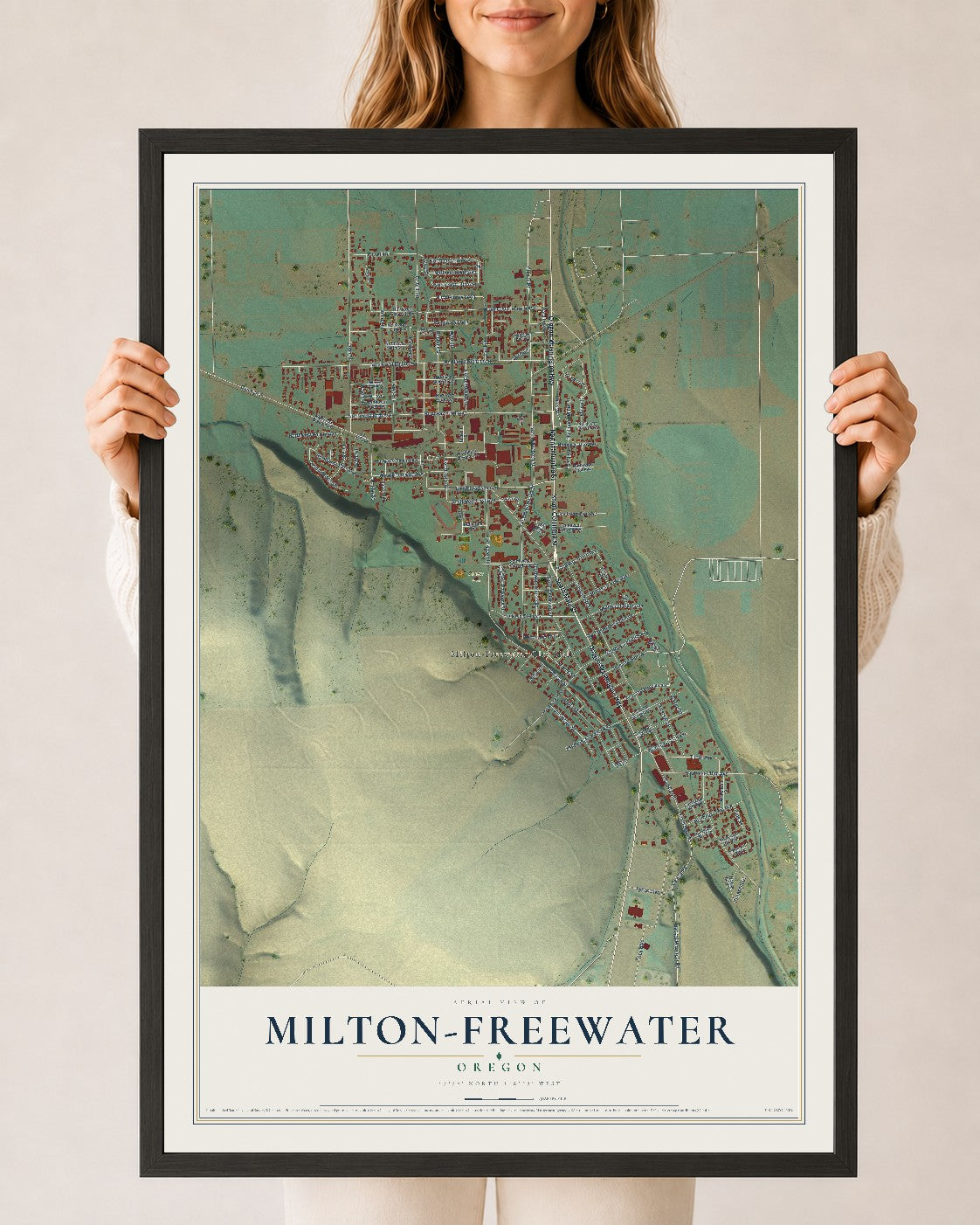 Map of Milton-Freewater, Oregon, 24 x 36 inch print in a black wood frame
