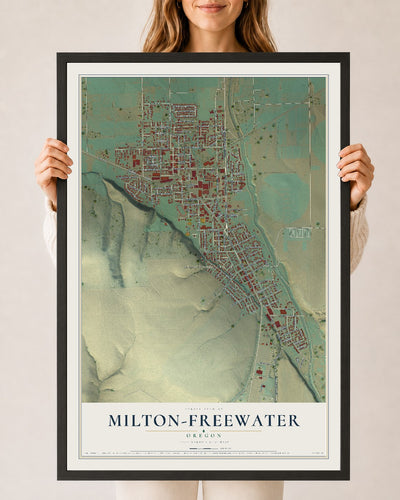 Map of Milton-Freewater, Oregon, 24 x 36 inch print in a black wood frame