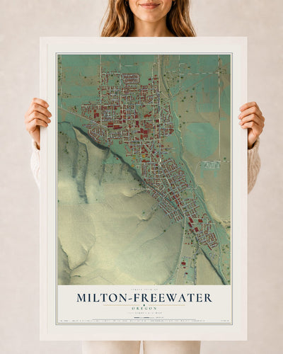 Map of Milton-Freewater, Oregon, 24 x 36 inch print in a white wood frame