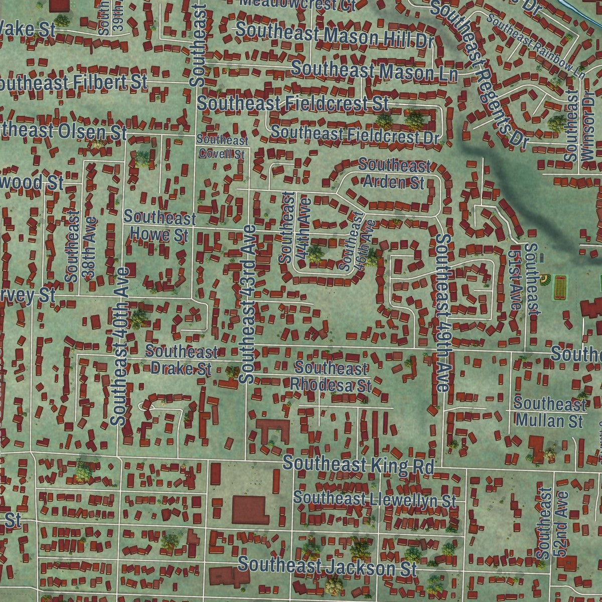 Close-up of the map of Milwaukie, Oregon print showing street and building detail