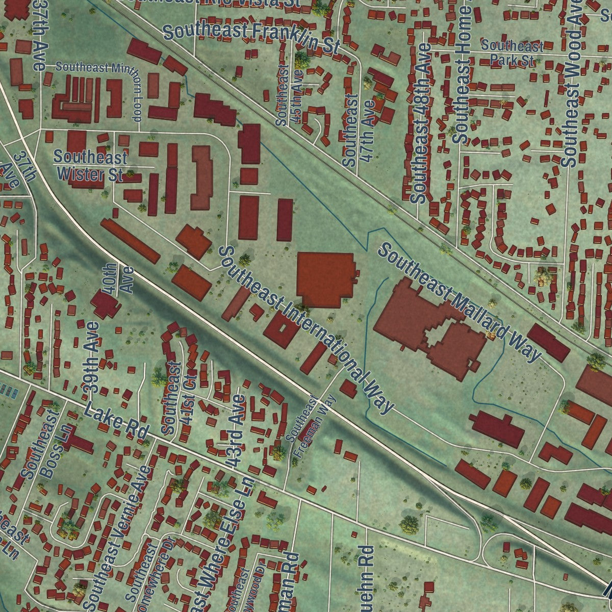 Second close-up of the map of Milwaukie, Oregon print showing more streets and buildings