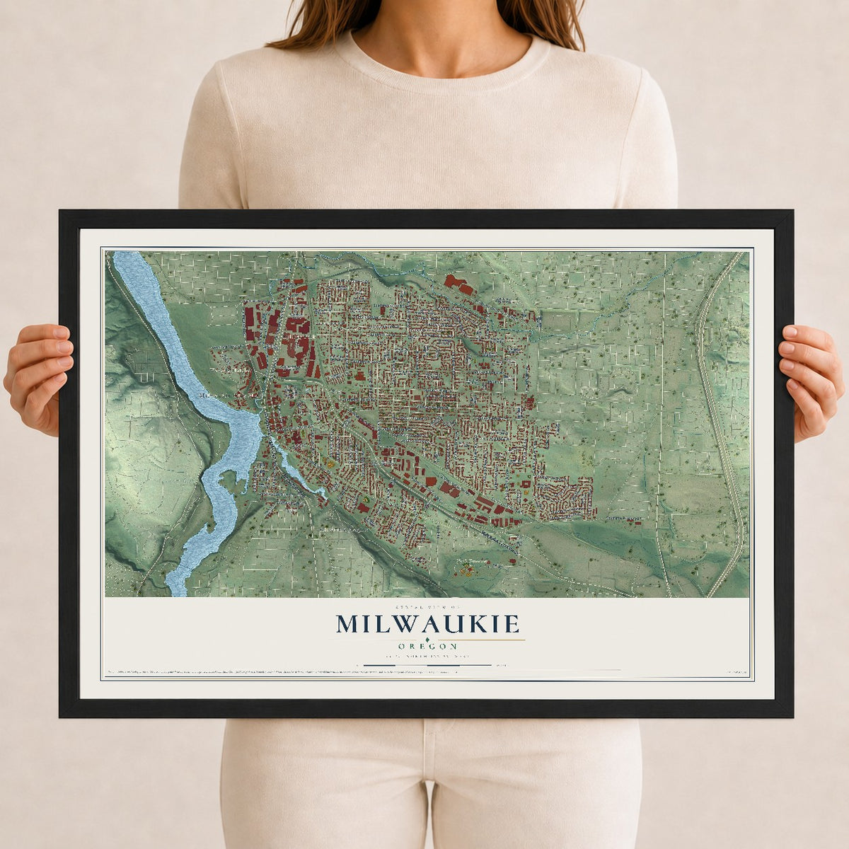 Map of Milwaukie, Oregon, 12 x 18 inch print in a black wood frame