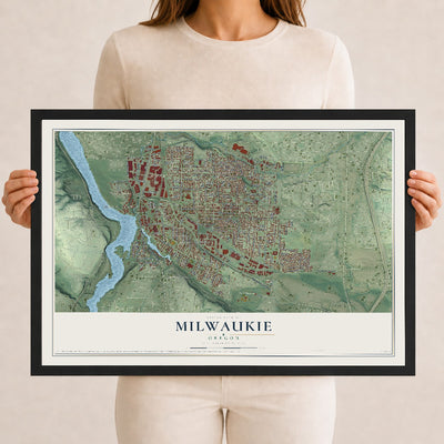Map of Milwaukie, Oregon, 12 x 18 inch print in a black wood frame