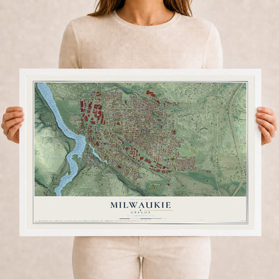 Map of Milwaukie, Oregon, 12 x 18 inch print in a white wood frame