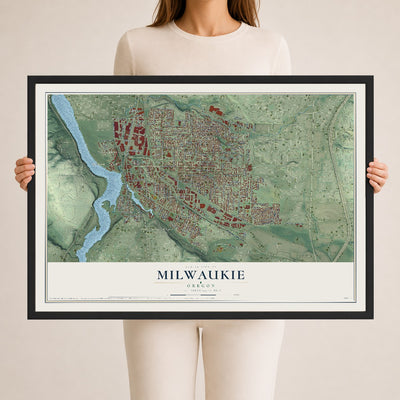 Map of Milwaukie, Oregon, 24 x 36 inch print in a black wood frame