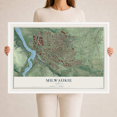 Map of Milwaukie, Oregon, 24 x 36 inch print in a white wood frame