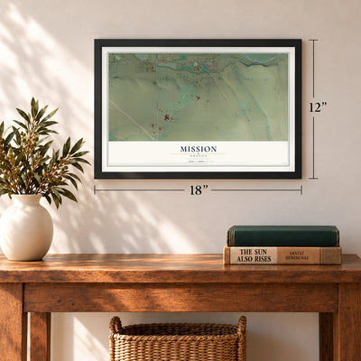 Mission, Oregon map, 12 x 18 inch print in a black frame in an entryway