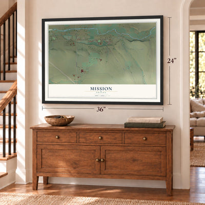 Mission, Oregon map, 24 x 36 inch print in a black frame above a dresser by a staircase