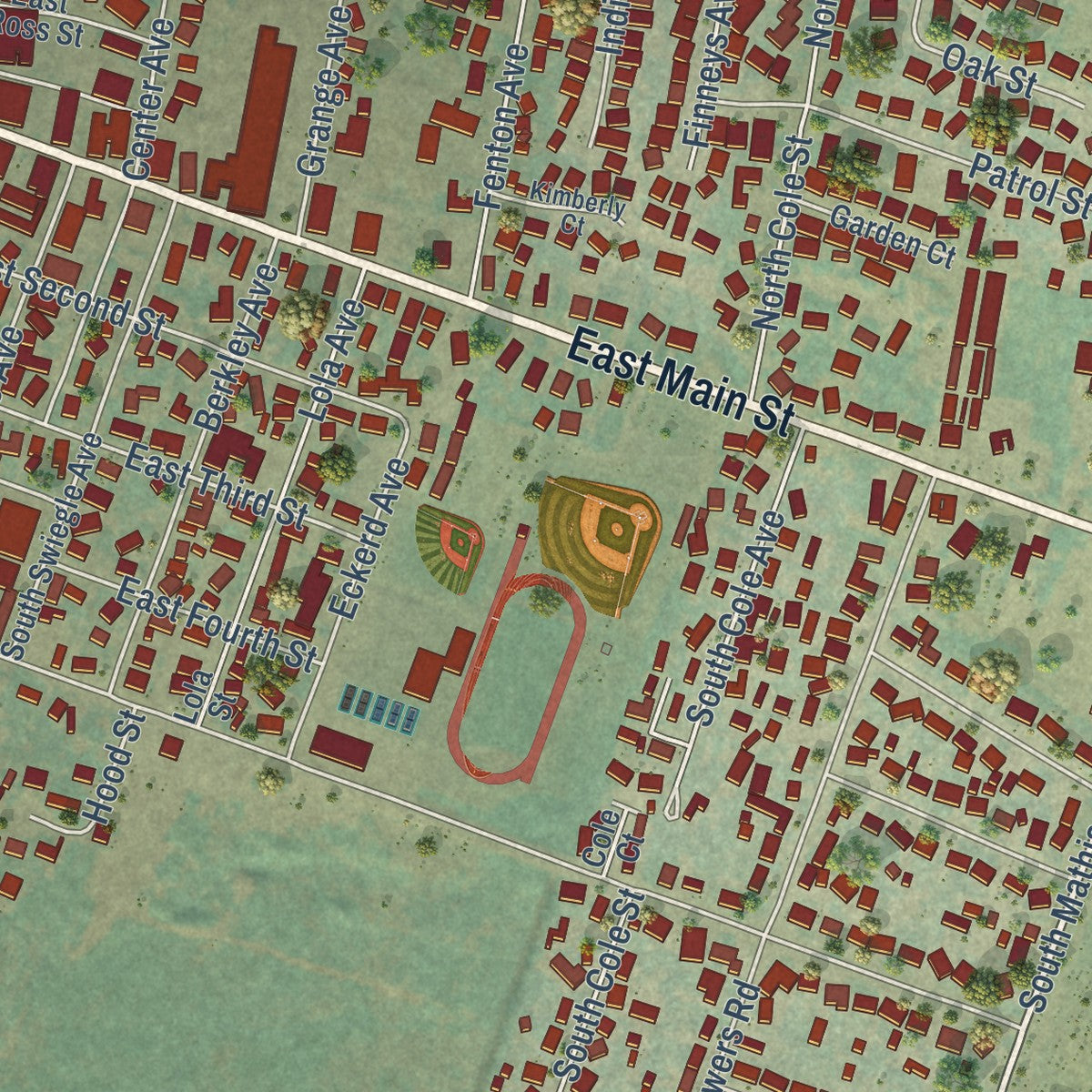 Close-up of the map of Molalla, Oregon print showing street and building detail