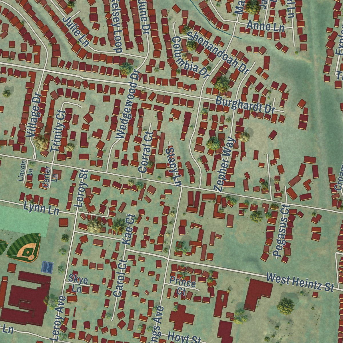 Second close-up of the map of Molalla, Oregon print showing more streets and buildings