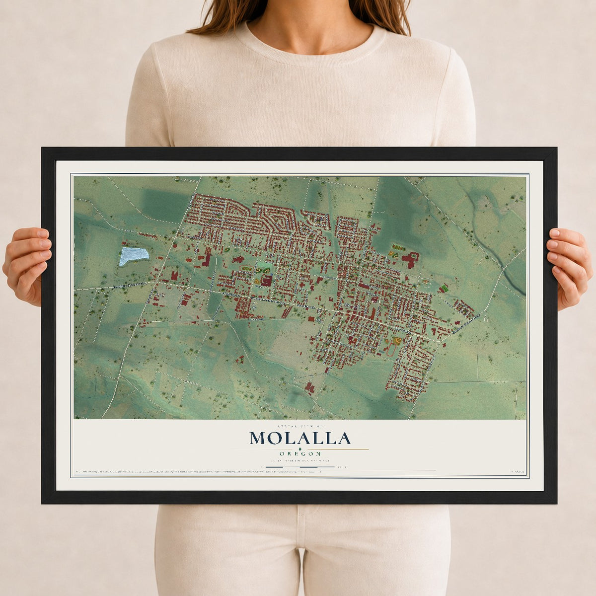 Map of Molalla, Oregon, 12 x 18 inch print in a black wood frame