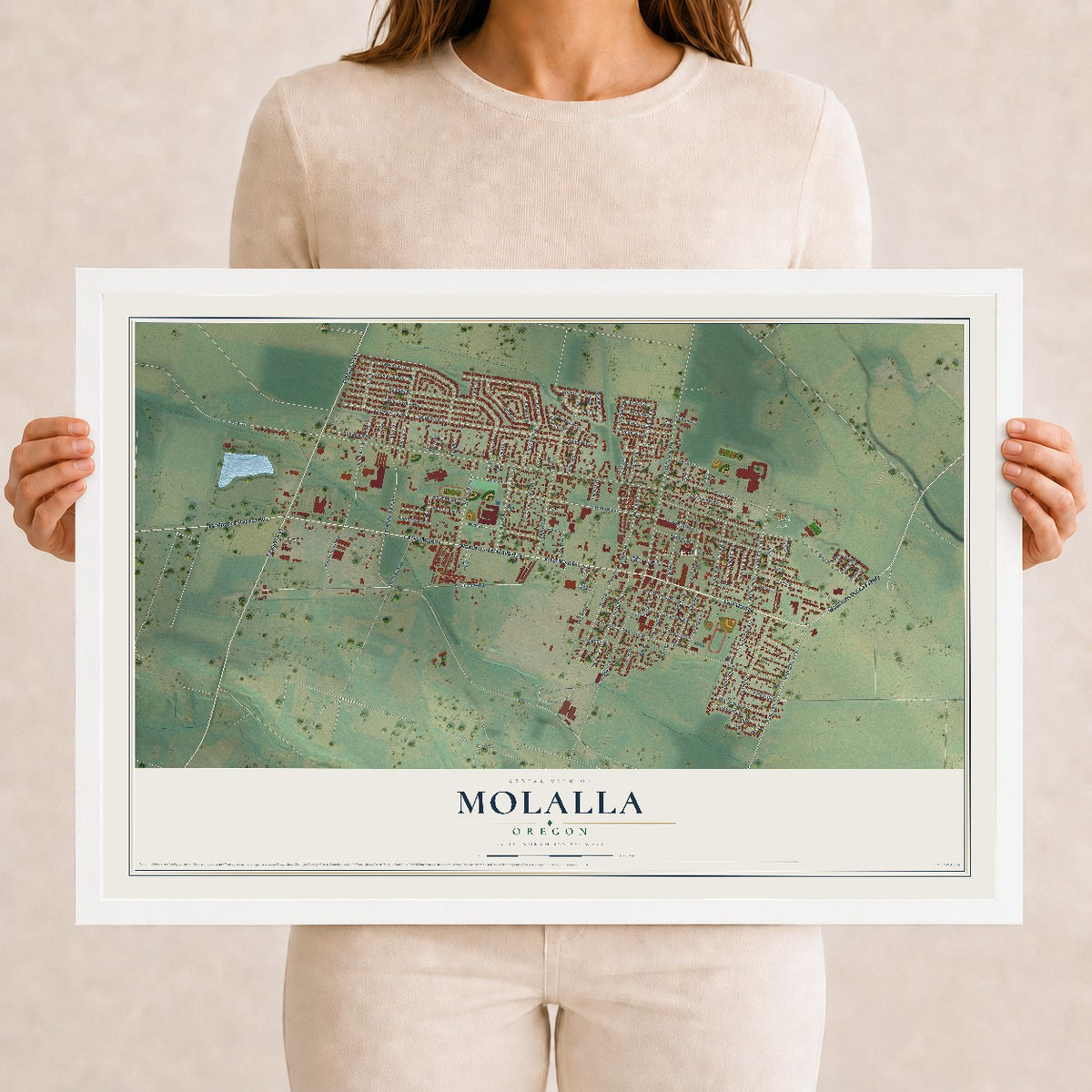 Map of Molalla, Oregon, 12 x 18 inch print in a white wood frame